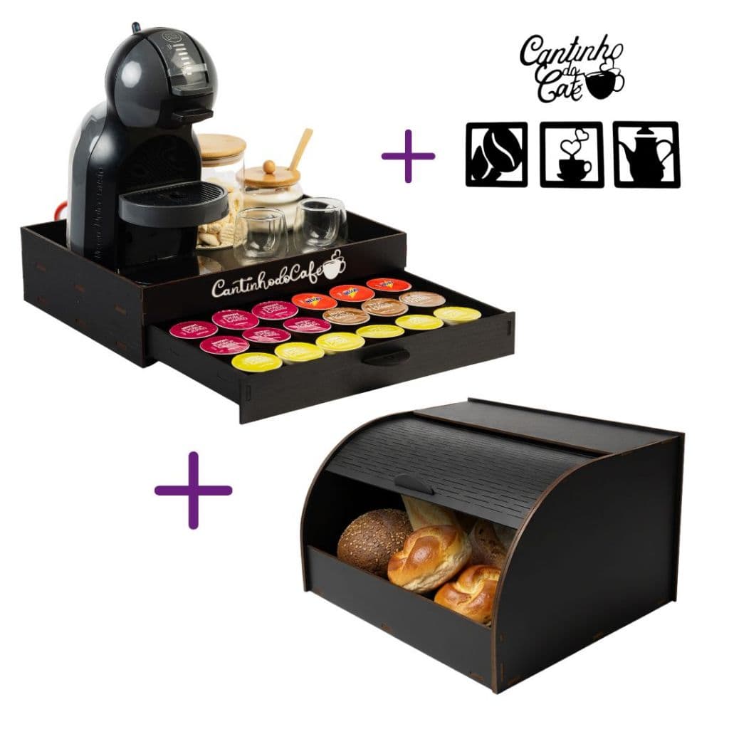 Bandeja Organizadora Porta 24 Cápsulas + Porta Pão + 4 Apliques Decorativo Para Cantinho Do Café MDF