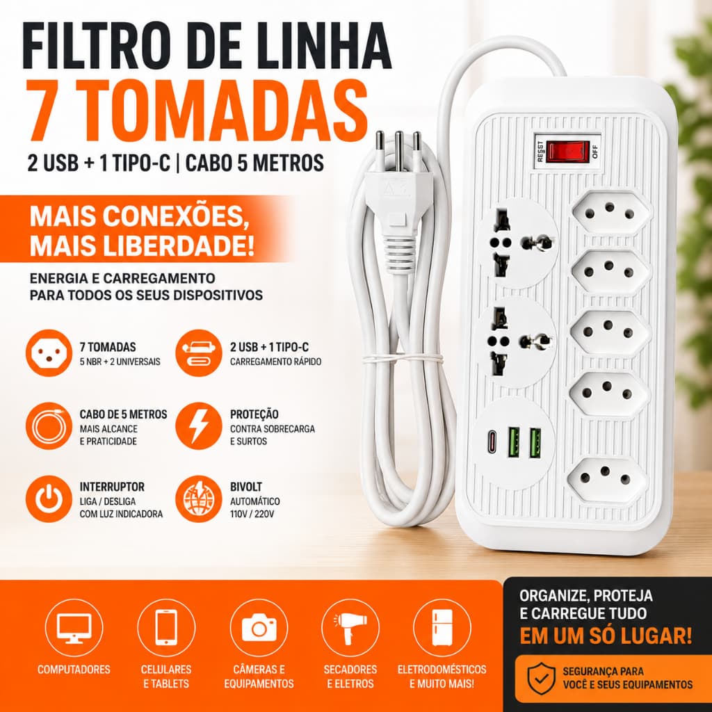 Filtro de Linha com 7 Tomadas 2 USB e TIPO -C Bivolt de 5 Metros