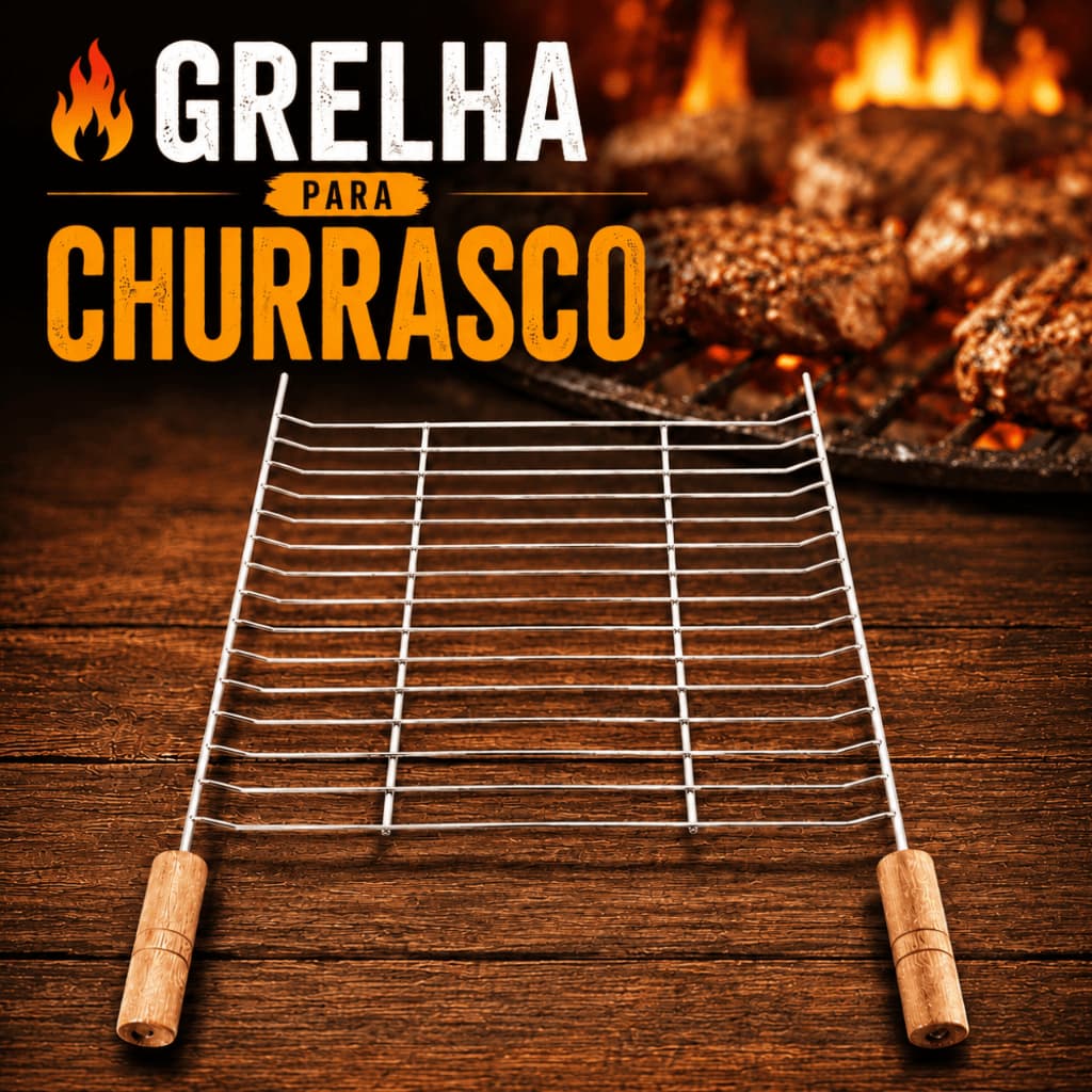 Grelha Para Churrasco 35x35cm Aço Cromado Cabos de Madeira Carne Frango Linguiça