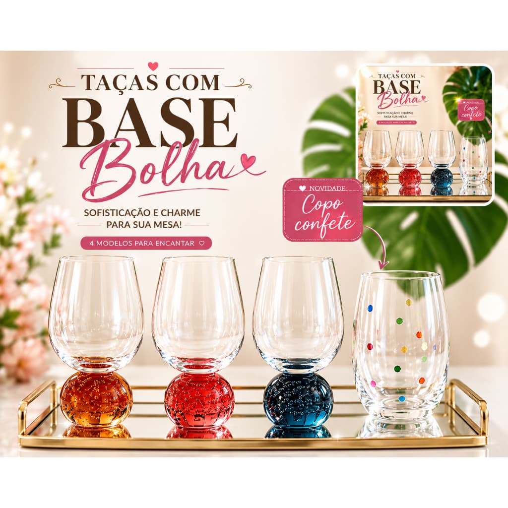 Taça Vidro Transparente Esfera Orbe Mel Azul Rosa Copo Confeti Bubbles Luxo Jantar Água Vinho Espumante 300ml
