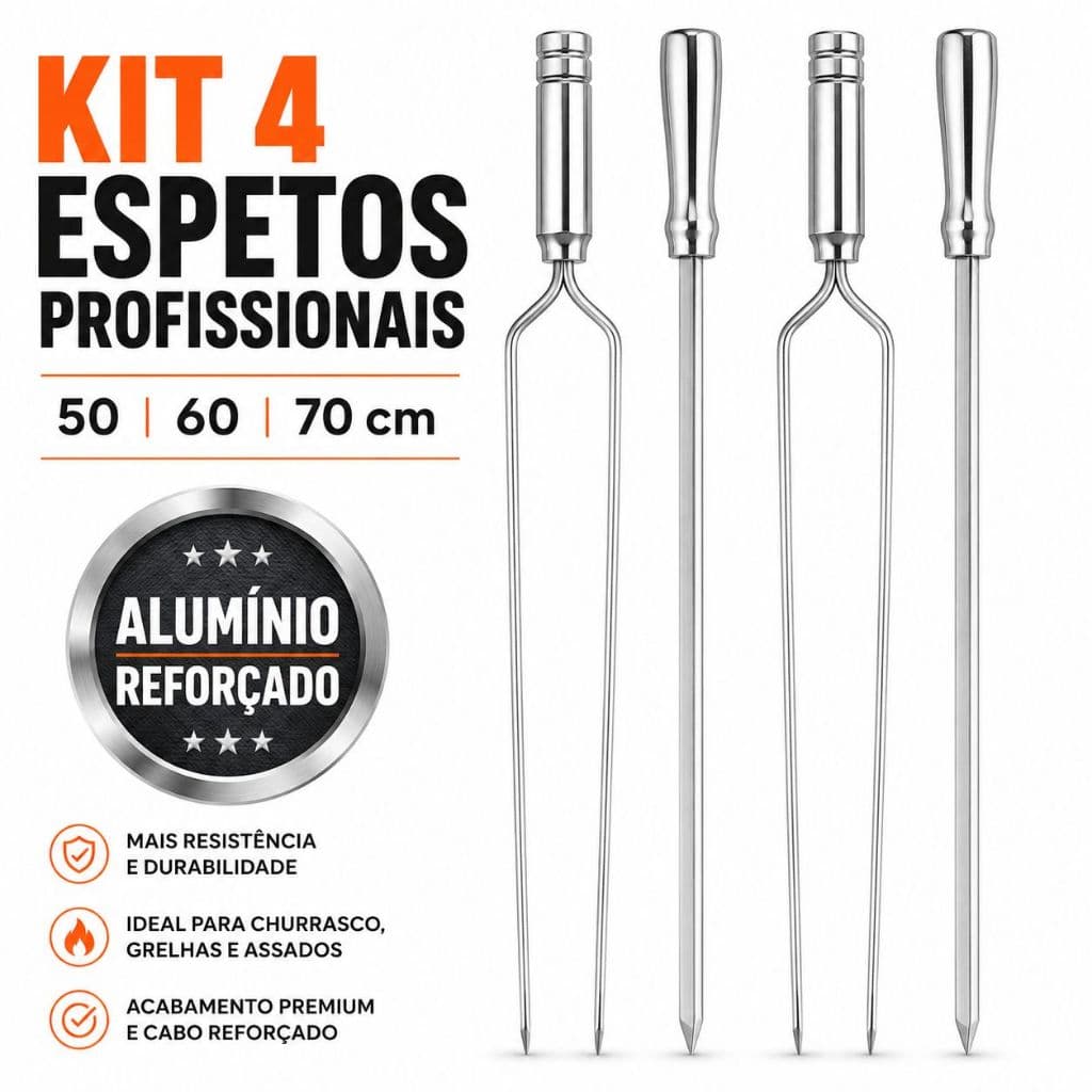 Kit 4 Espetos Alumínio Profissional Churrasco 50 60 70 Cabo Reforçado Espeto Chato