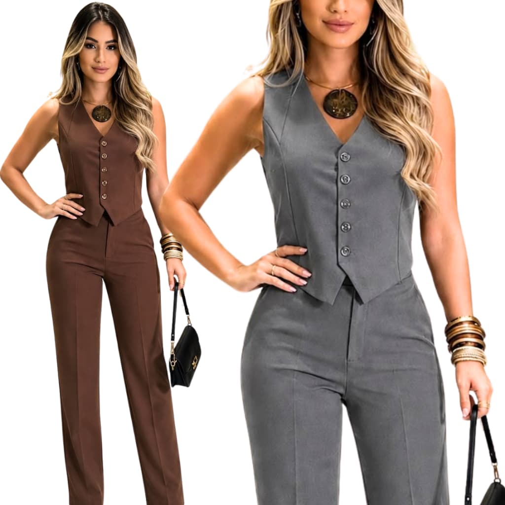 Conjunto Feminino Alfaiataria - Calça e Colete Chic - Moda Executiva Tendência 2026 Terninho Feminino
