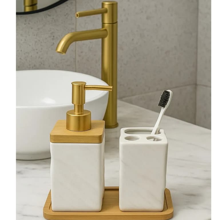 Kit Banheiro Lavabo Porta Sabonete Liquido Dispenser Porta Escova de Dente Cerâmica Luxo