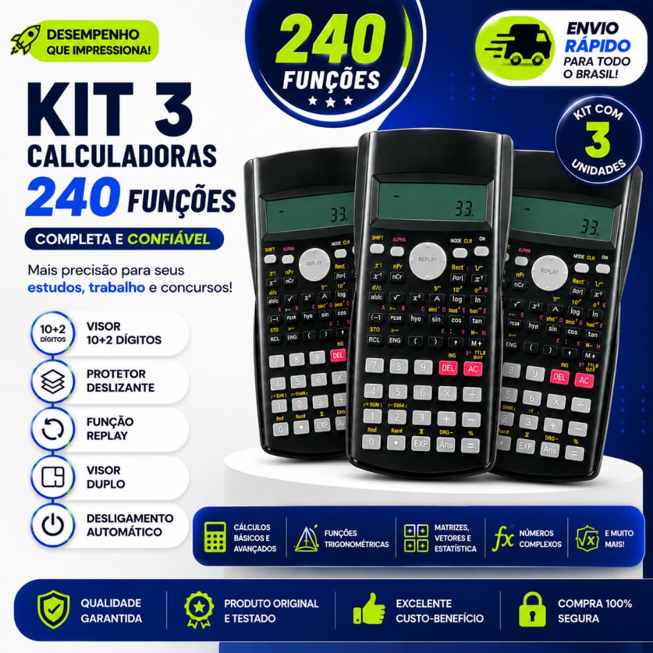 KIT 2 3 5 Calculadora 240 Funções Cientifica A Pilha Financeira Matemática Escolar Faculdade Trabalho 2 Linhas Barata