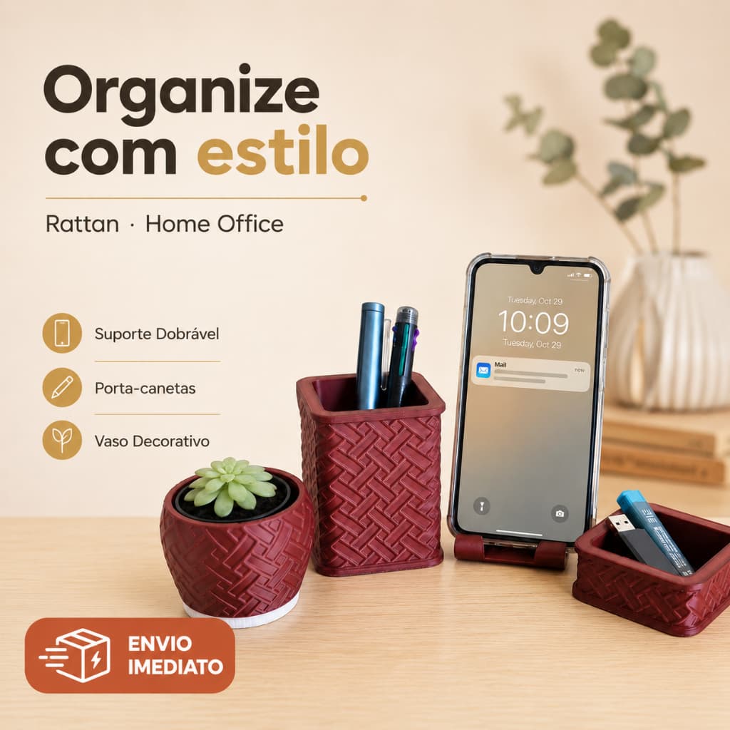 Kit Organizador Mesa Home Office 4 Peças - Suporte Celular Dobrável Porta-canetas Porta-clips Vaso Presente dia dos pais