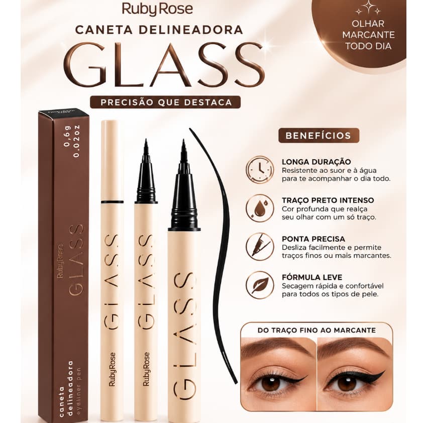 Caneta Delineadora Ruby Rose Glass com Alta Pigmentação e Fácil Aplicação 0,6g