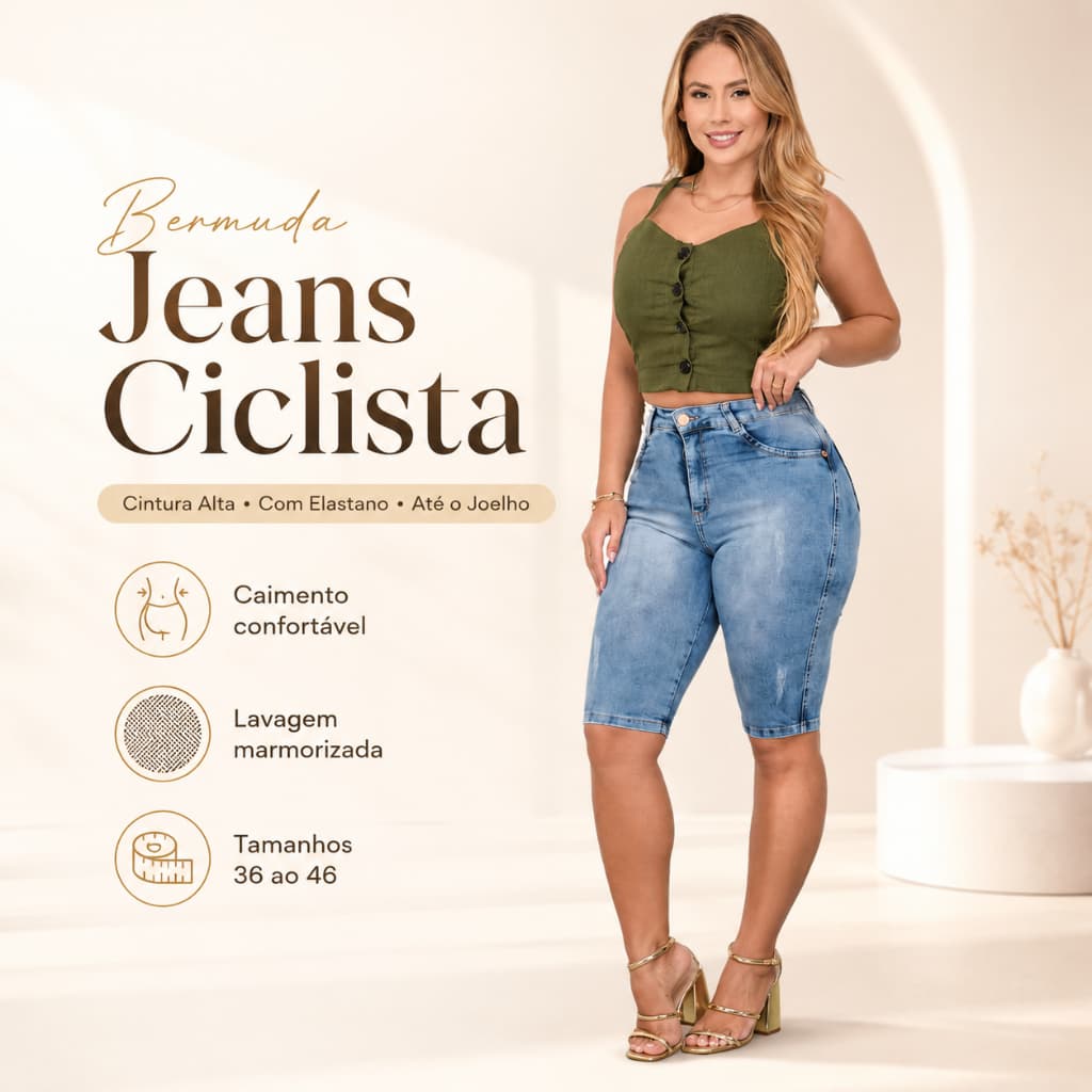 Bermuda Ciclista Jeans Feminina Cintura Alta corte Ate o Joelho com elastano