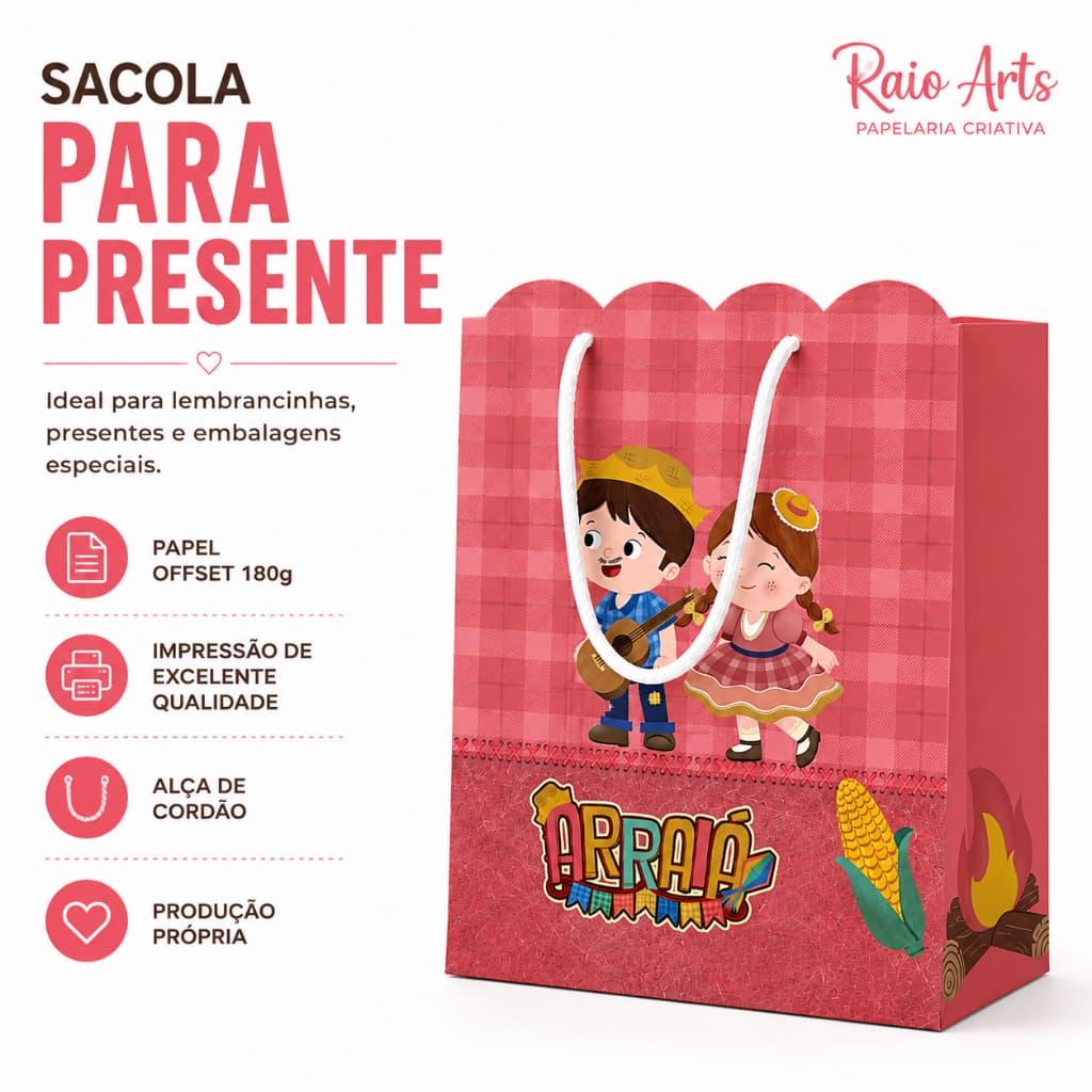 Kit 10 Sacolas Lembrancinha  Festa Junina Arraiá 20x14x5cm Papel Offset 180g