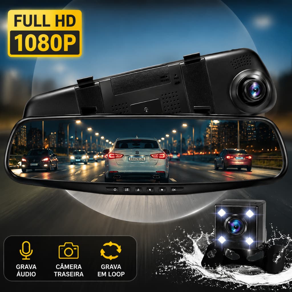 Câmera Espelho Retrovisor Veicular Tela 4.5" HD 1080P Câmera Dupla Gravação Visão Noturna para Ré