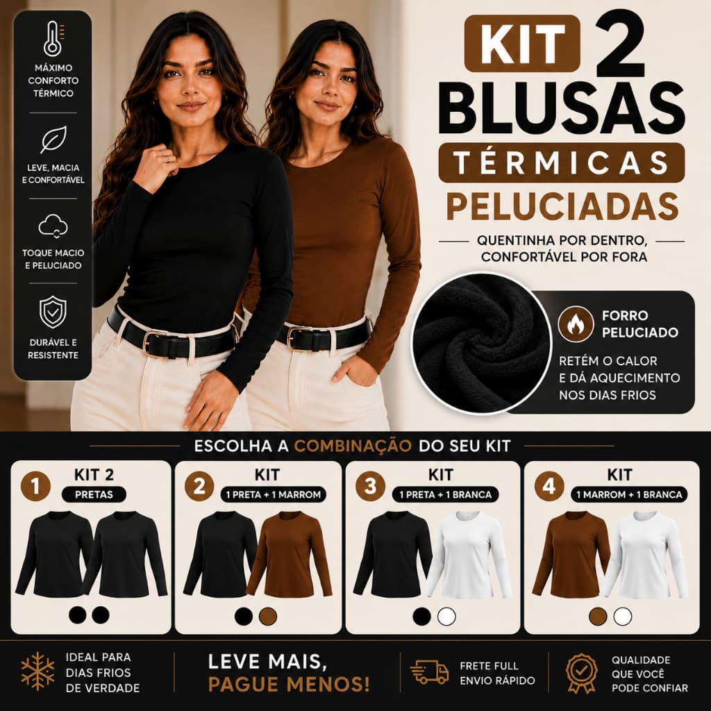 KIT 2 BLUSA TÉRMICA SEGUNDA PELE PELUCIADA FEMININA PERFEITO PARA INVERNO QUALIDADE PREMIUM