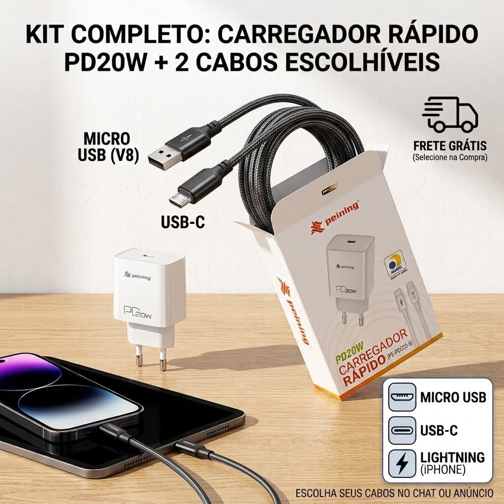 Kit Carregador Turbo 20W Tipo C Power Delivery + Cabo Peining Original