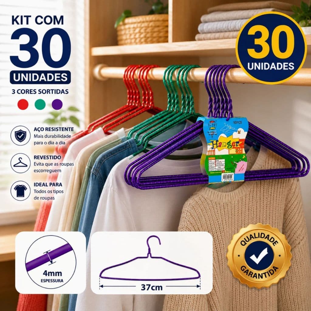 Kit 30 Cabides de Metal mole Antiderrapante 37cm para Roupas Guarda-Roupa Cor aleatória