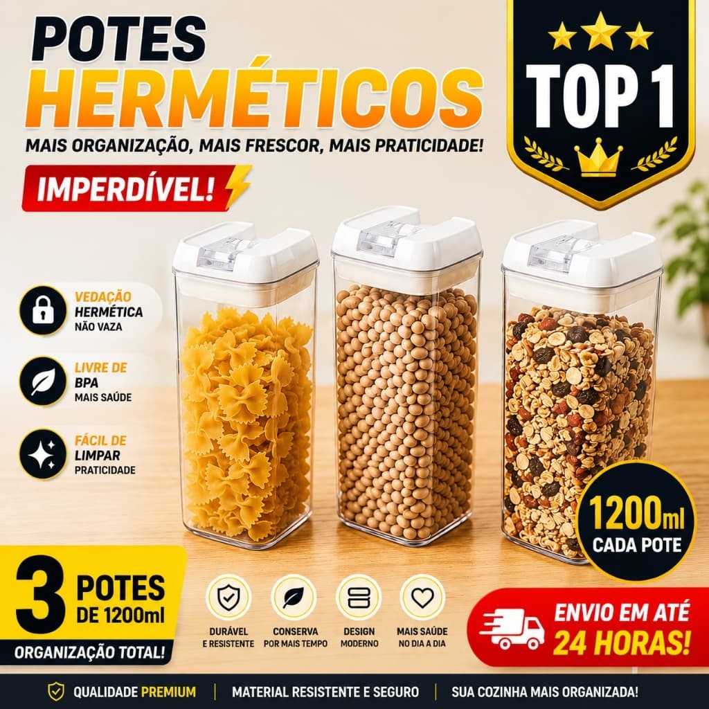 Kit 3 Potes Herméticos 1200ml Organizador Mantimentos Tampa Vedação BPA Free