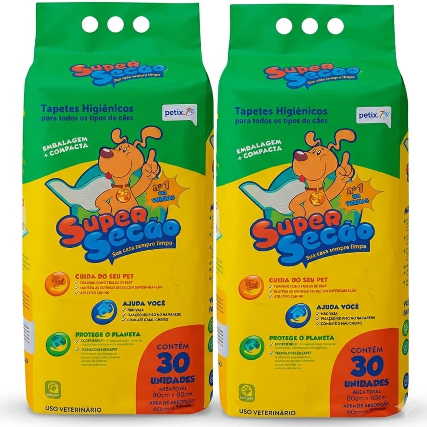 Kit 2 Tapetes Higiênicos para Cães Super Secão 30 unidades - Escolha a Variedade