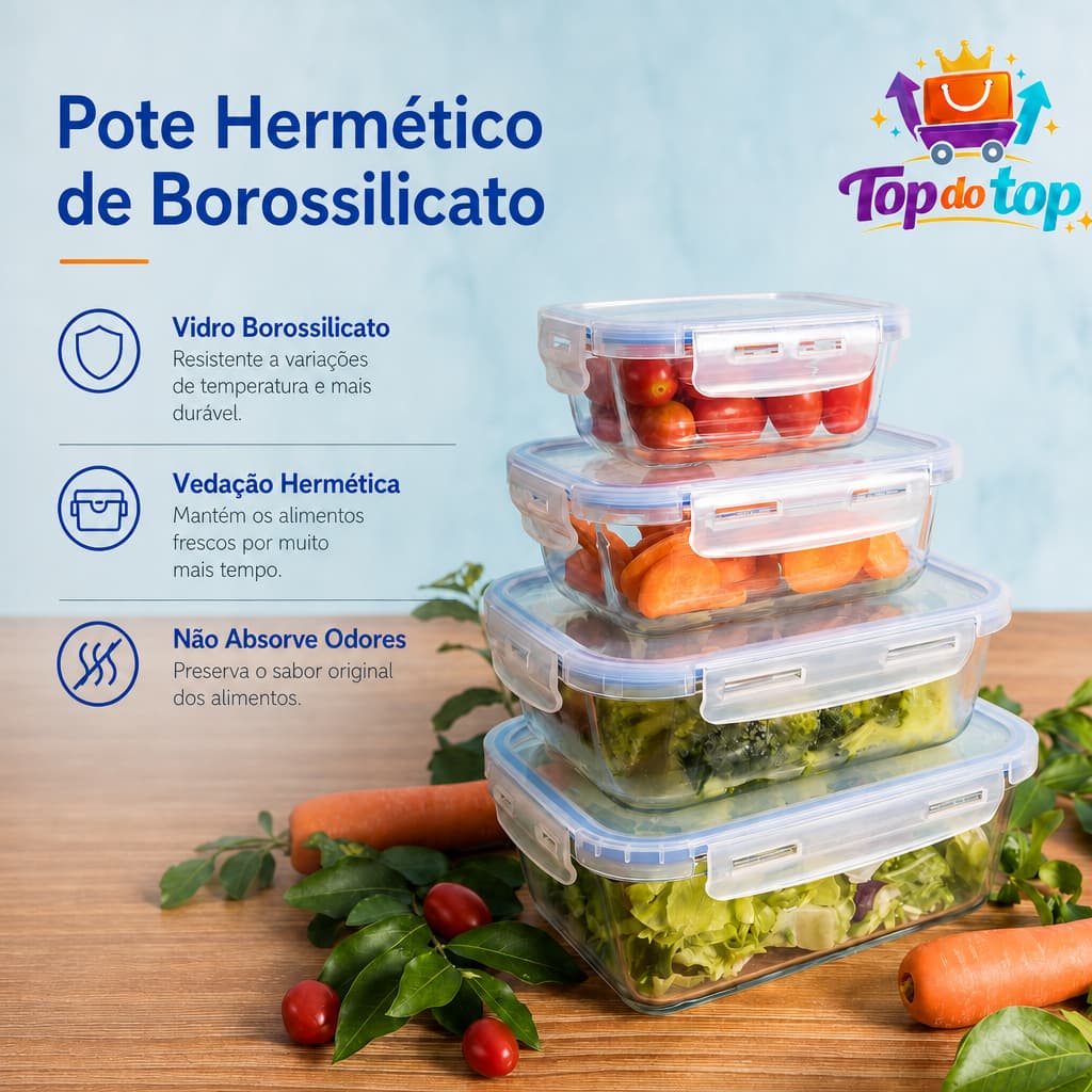 Pote Hermético de Borossilicato Retangular com Tampa 640ml, 1040ml ou 1500ml microondas forno geladeira