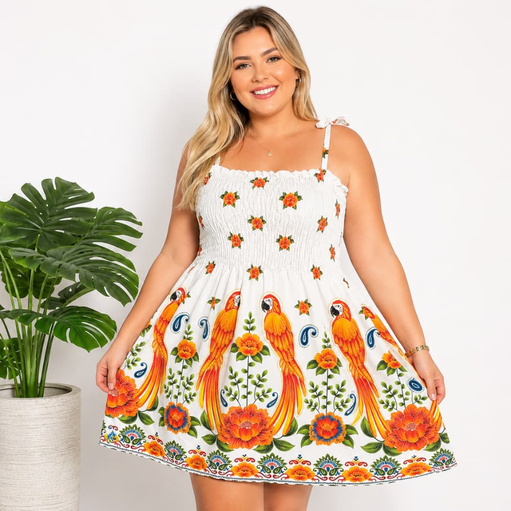 Vestido de Alcinha Curto Estampa Exclusiva Crepe FRM com Lastex e Para o Verão TAMANHOS P M G GG