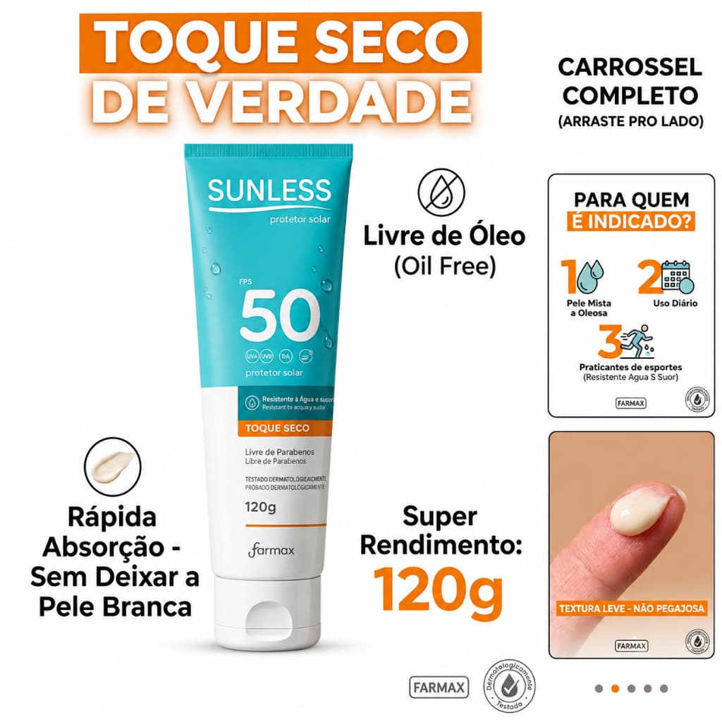 Protetor Solar Sunless FPS 50 Toque Seco 120G CORPO E ROSTO, PROTEGE E HIDRATA.