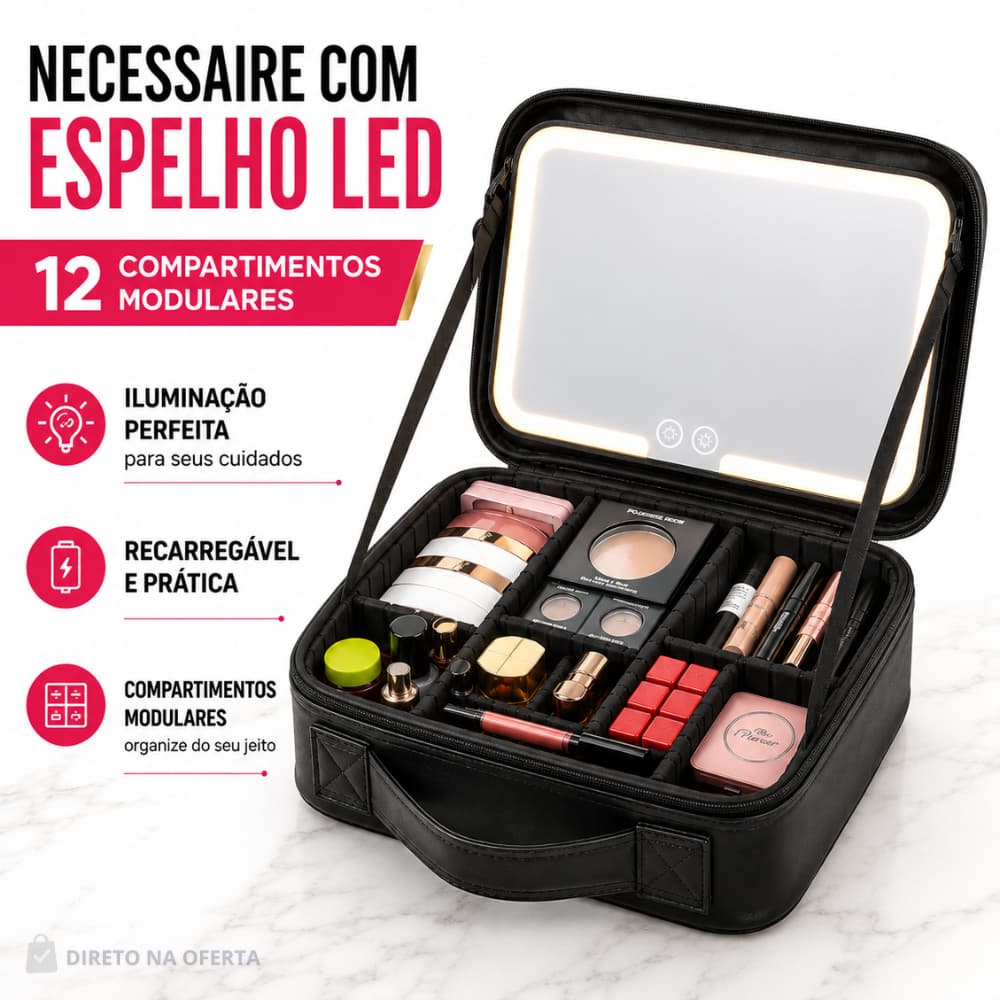 Bolsa Necessaire Maleta Maquiagem com Espelho LED USB Organizadora Cosméticos