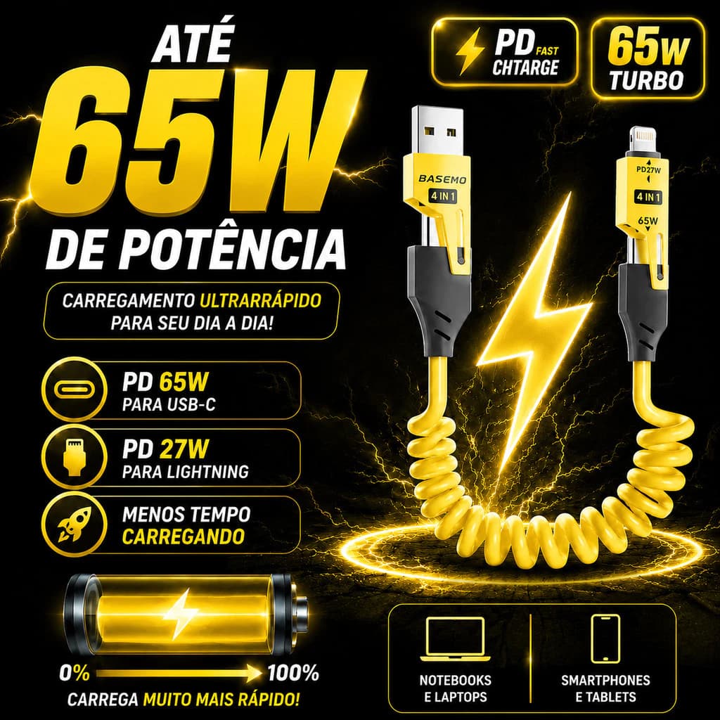 Cabo Carregamento Rápido 4 em 1 Retrátil Tipo C USB Lightning Retrátil iPhone Android 65W 1.5M