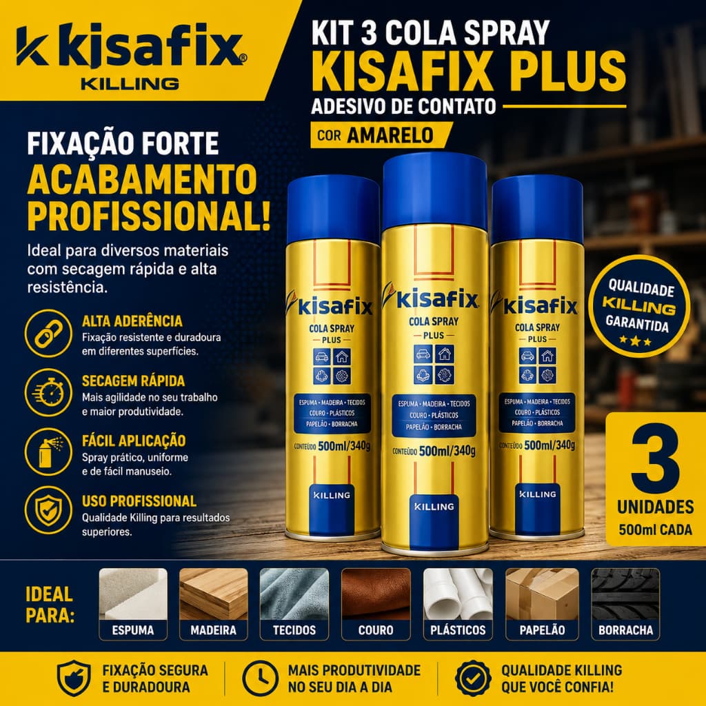 Kit 3 Cola Spray Kisafix Plus Adesivo Contato 500ml Killing Cor Amarelo