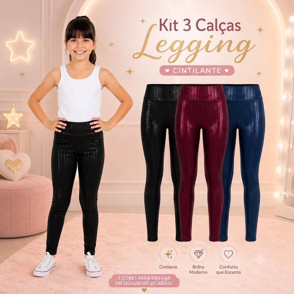 Kit com 3 Calças Legging Suplex Zig Zag Cintilante Moda Infantil