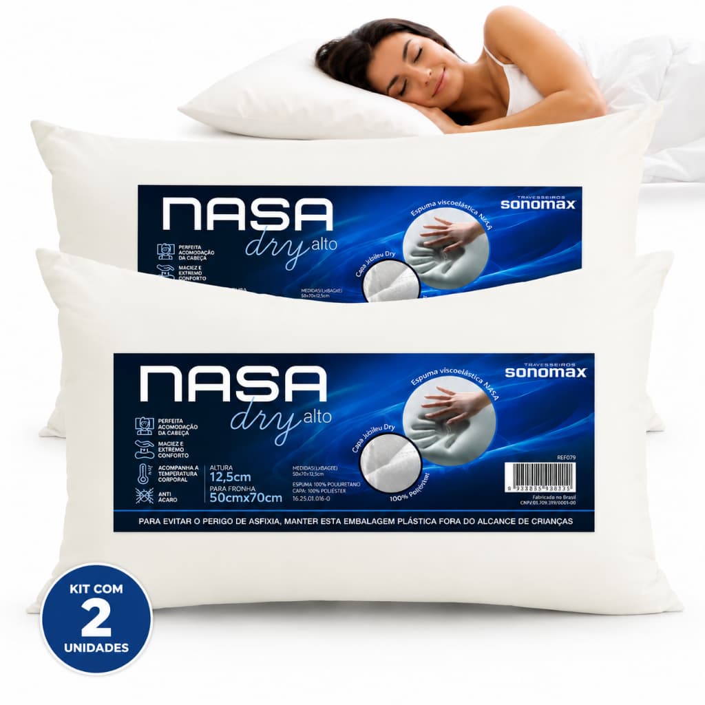 Kit 2 Travesseiros Duoflex Nasa Dry Alto 12,5cm 50x70 Espuma Viscoelástica Anatômico