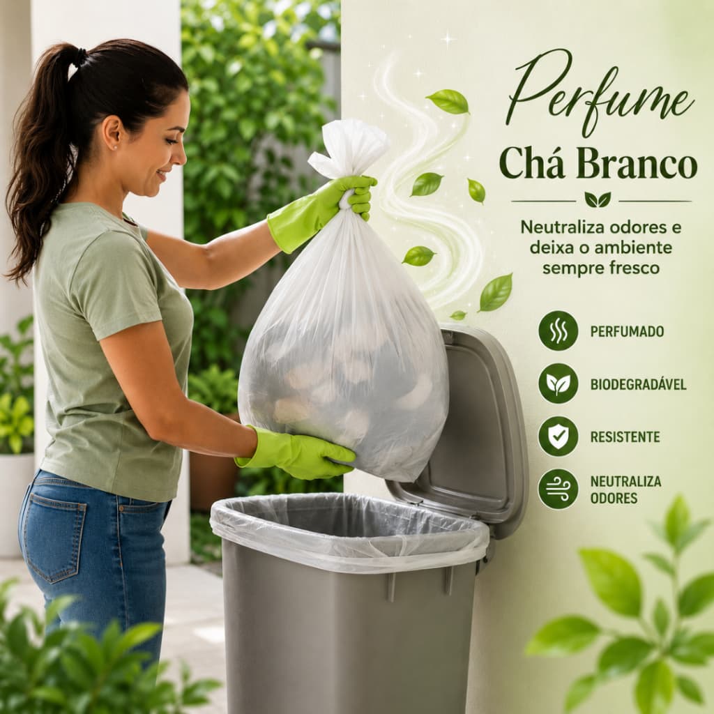 Sacos de Lixo Pia e Banheiro 10L, 15L, 30L, 50L e 100L PackLixo Fragância Chá Branco.