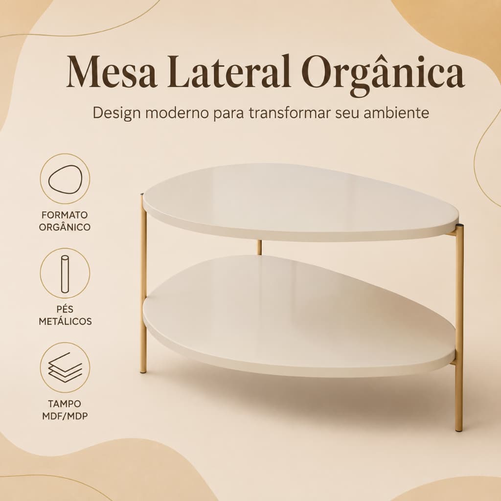 Mesa de Apoio Orgânica Decorativa MDF MDP com Base Dourada Moderna