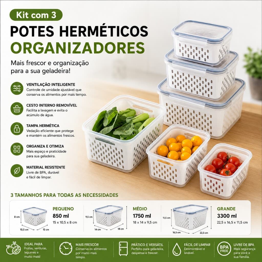 3 potes Organizadores Geladeira Lavar Frutas Herméticos Cozinha Alimentos Com Cesto Removível