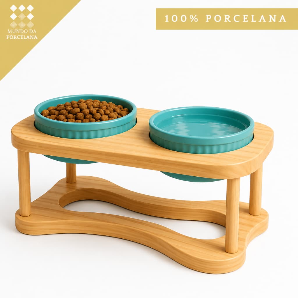 Comedouro Elevado Duplo Gato Cachorro Tigela Porcelana 190ml Suporte Madeira Pinus Design Ergonômico