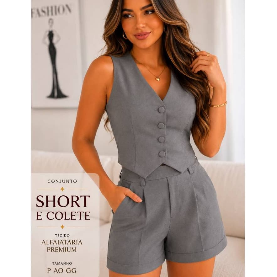 Conjunto Feminino Alfaiataria - Short e Colete Elegante Casual do P ao GG 2 Peças