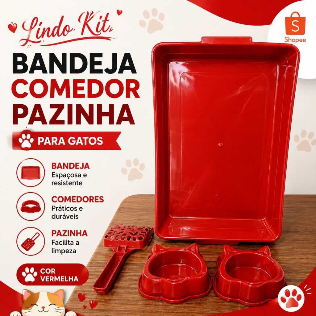KIT CAIXA DE AREIA PARA GATOS + COMEDOR + BEBEDOR + PAZINHA  CORES DIVERSAS