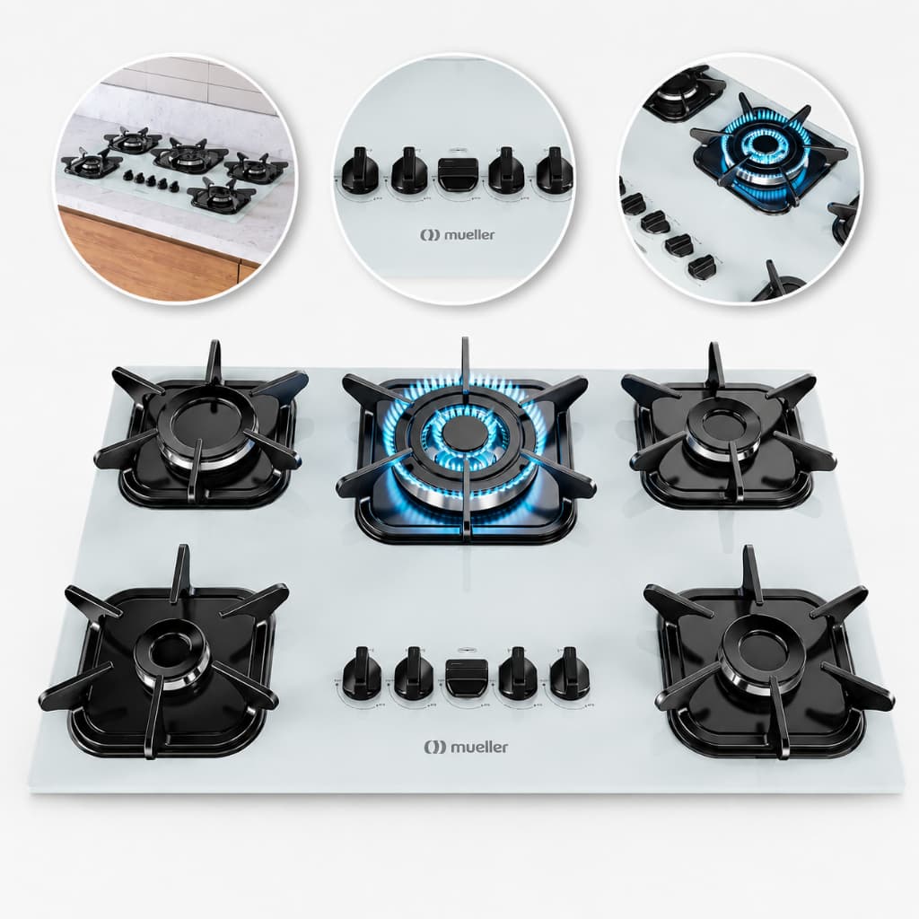 Cooktop Mueller 5 Bocas Tripla Chama Bivolt com Mesa em Vidro Acendimento Automático Fácil