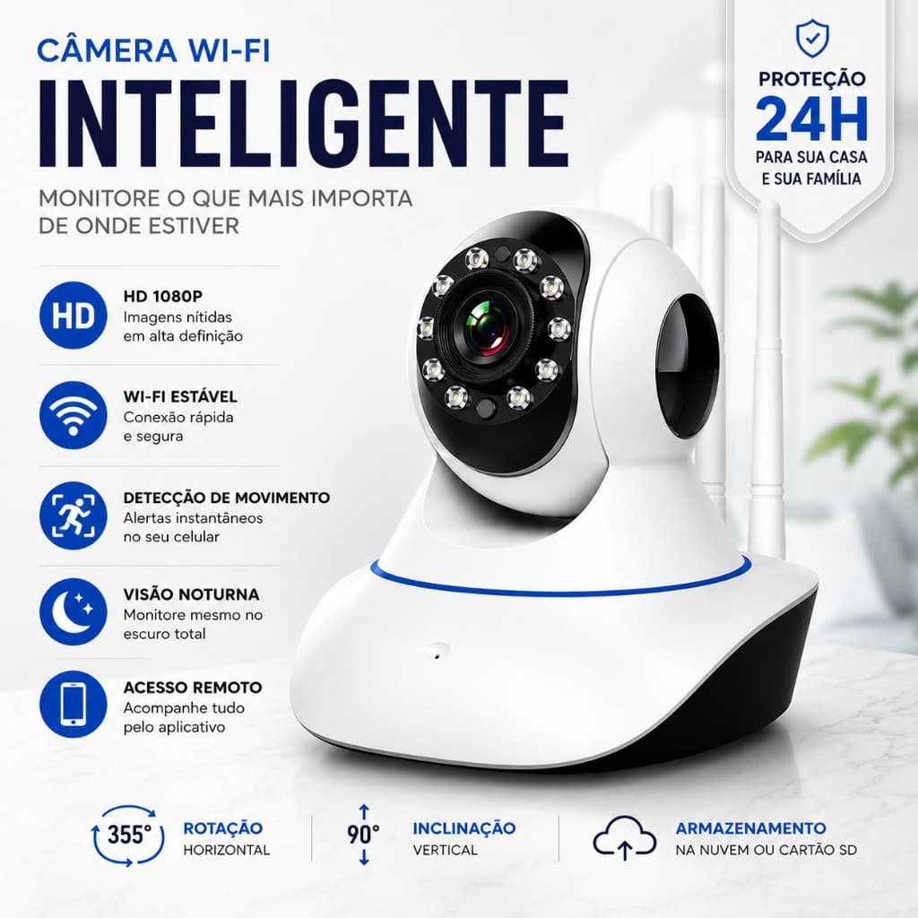 Câmera Babá Eletrônica com 3 Antenas Wifi HD Visao 360° Audio Bidirecional Detecta Choro Movimento Infra Vermelho