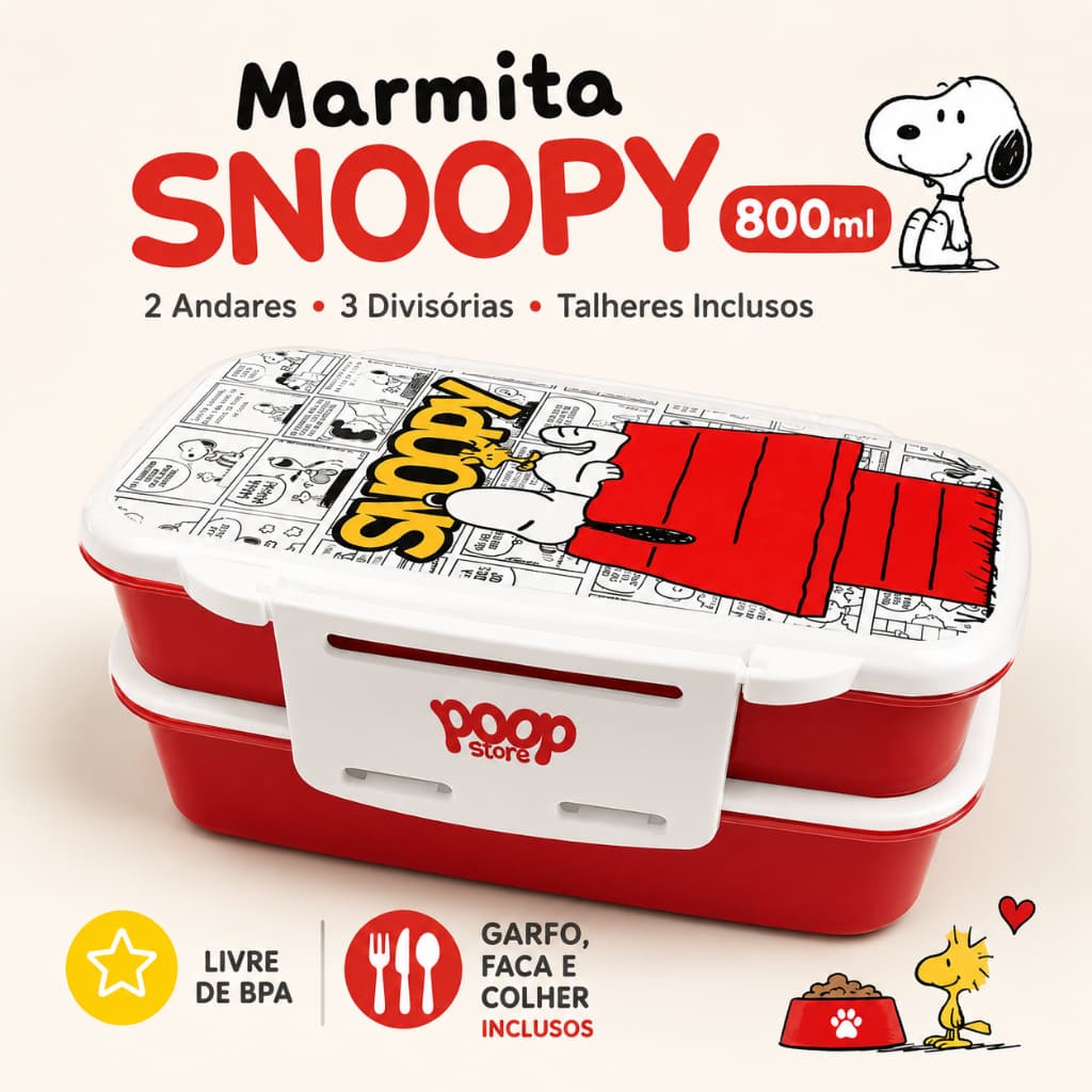 Marmita Snoopy 800ml com Talheres 2 Andares 3 Divisórias Lancheira Box Livre de BPA Poop Store