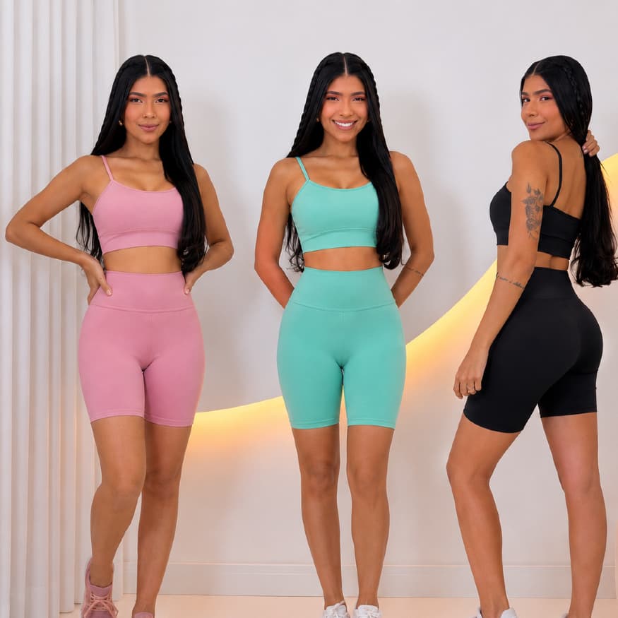 Conjunto Fitness Feminino Top + Short Cores Lisas Cintura Alta Suplex Sem Transparência