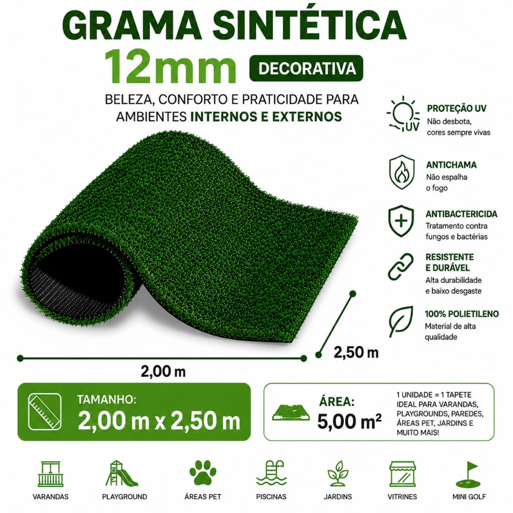 Grama sintética 12mm decorativa  - 2m x 2,5 m (5m²) - Clube da Grama