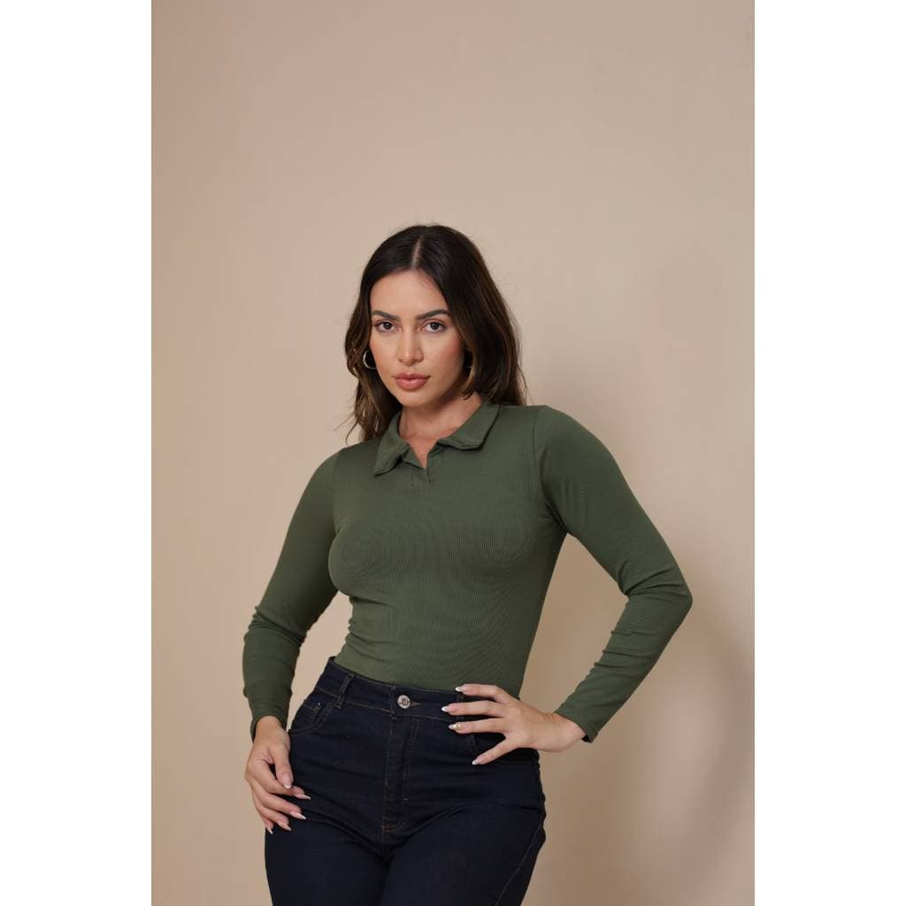Blusa Feminina Manga Longa Gola Polo Ribana Premium Ajustada
