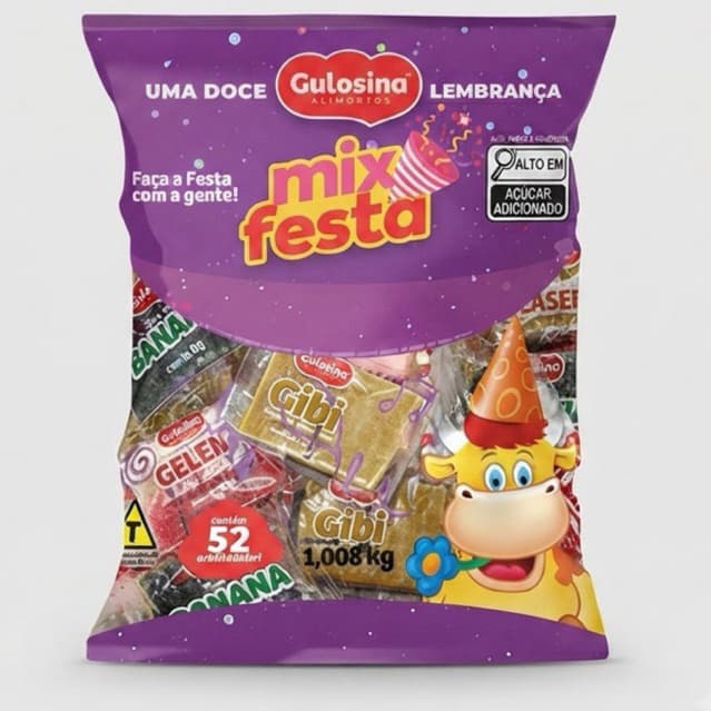 Doce Gulosina Mix Festa Pacote C/52Un - Gibi - Leite - Geléia - Marshmallow - Torrão