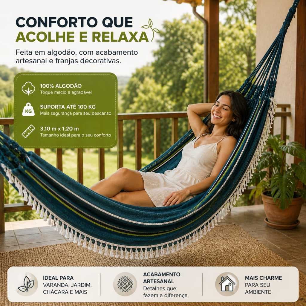 Rede de Descanso Casal Premium com Franjas | Rede de Dormir Artesanal Reforçada