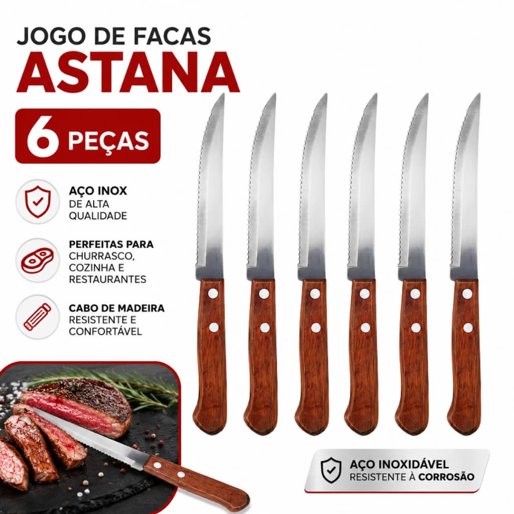 Jogo De Facas Astana 6 Peças Aço Inoxidável Casutil Para Cozinha Churrasco Restaurantes Casa