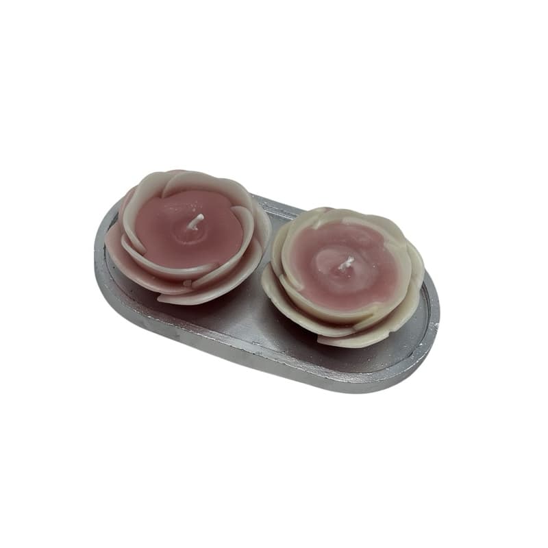 Kit 2 Velas Decorativas Flor Rosa Aromática com Bandeja Oval | Decoração Artesanal