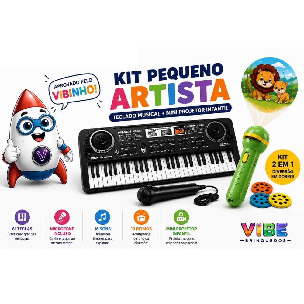 Kit Pequeno Artista Teclado Infantil 61 Teclas Com Microfone + Mini Projetor Infantil