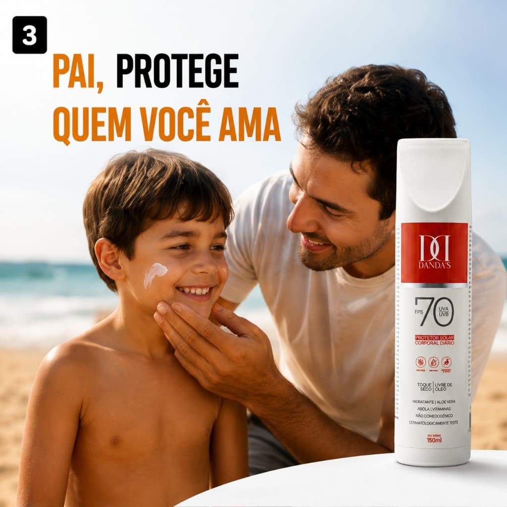 Kit 2 Protetor Solar DANDAS FPS 70, 150ml cada – FACIAL E Corporal, Toque Seco, Resistente à Água