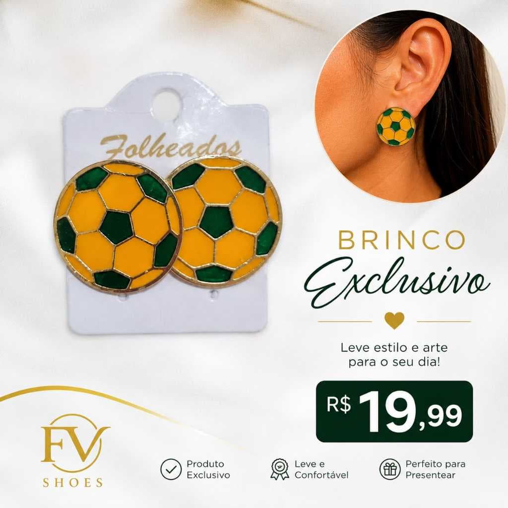 Brinco Feminino Bola de Futebol Brasil Redondo Esmaltado Verde e Amarelo