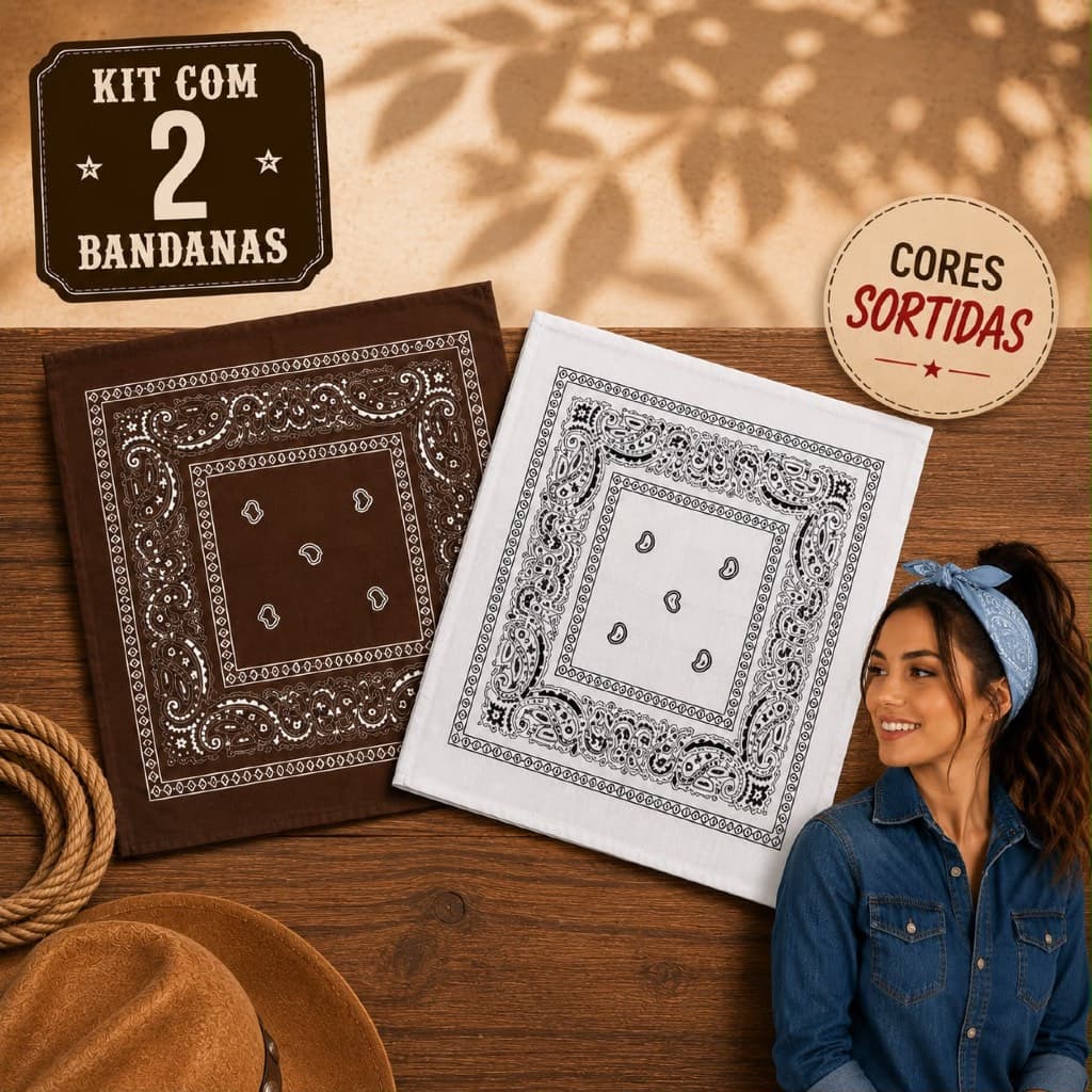 Kit 2 Lenços Bandanas Unissex Estampado Diversas Cores Diversos Modos De Uso Colorido Country