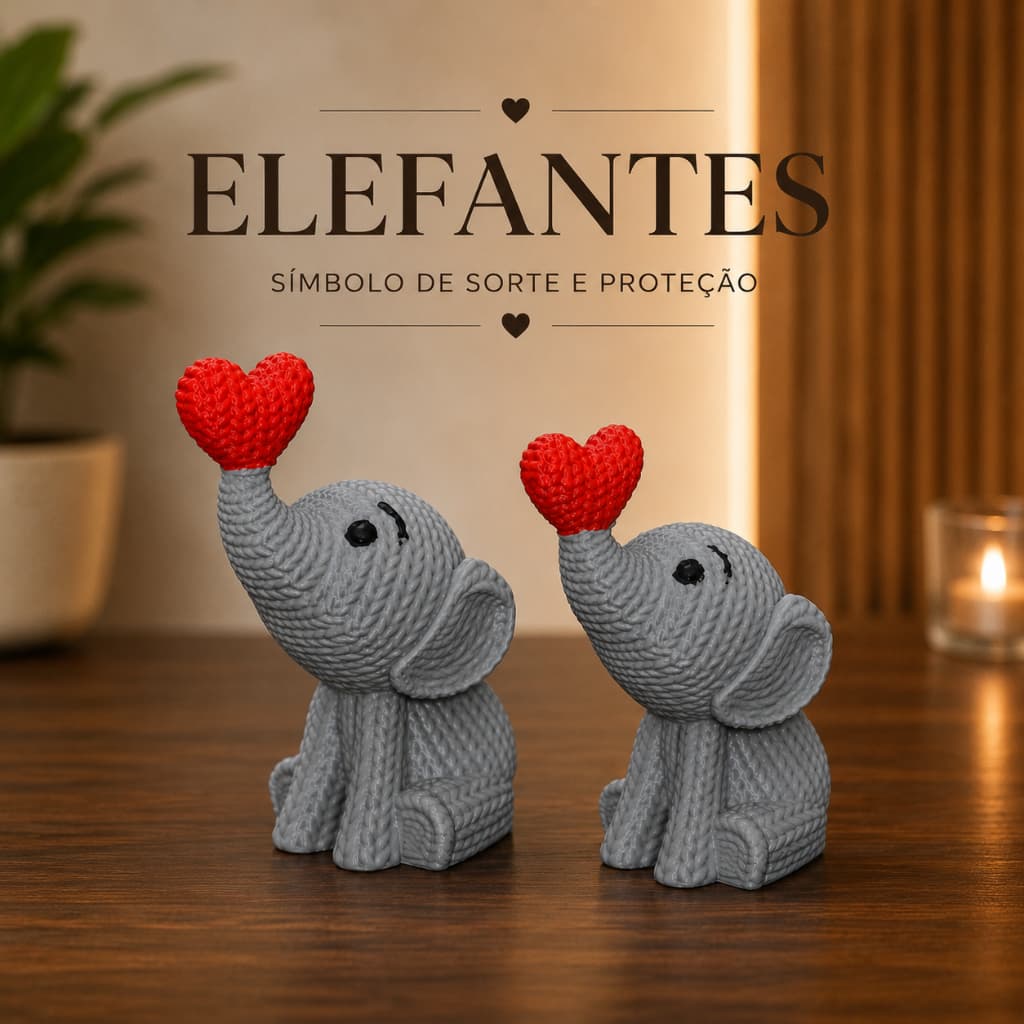 Kit Elefante Crochê Decorativo Casal Dupla Coração 9 e 8cm