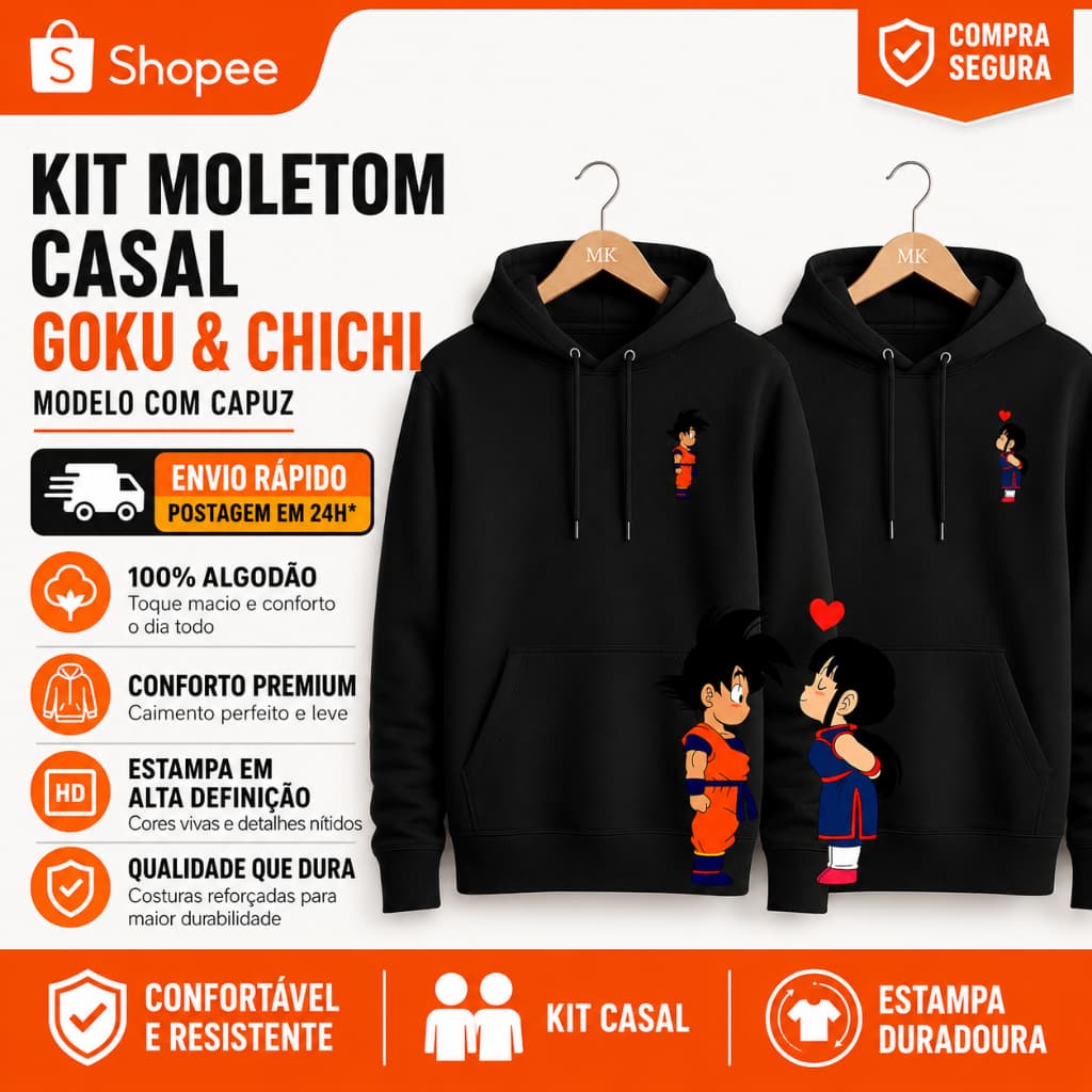 Kit Moletom Canguru Casal Dragon Ball Goku Chichi Dia dos namorados Top Anime Alta Qualidade Envio Imediato