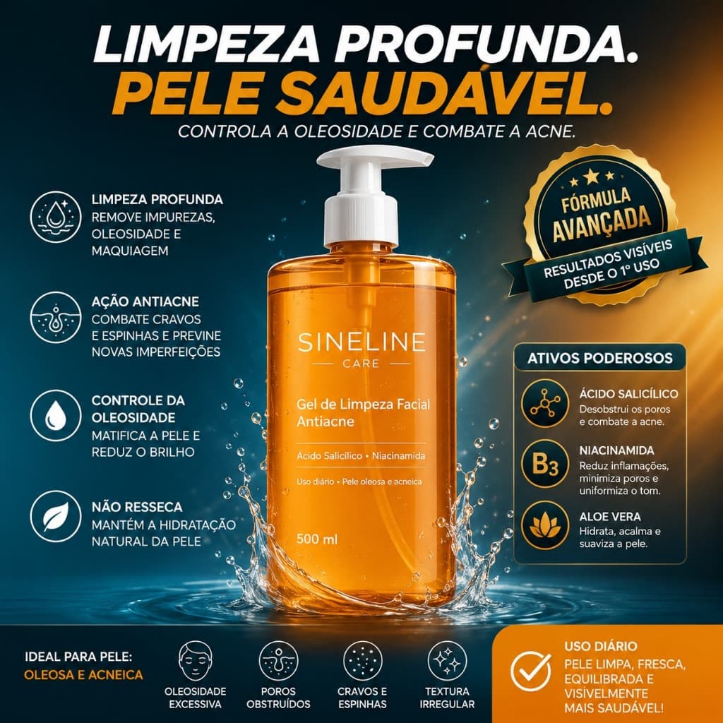 Sabonete Facial Antiacne Sineline 500ml com Ácido Salicílico e Niacinamida para Pele Oleosa