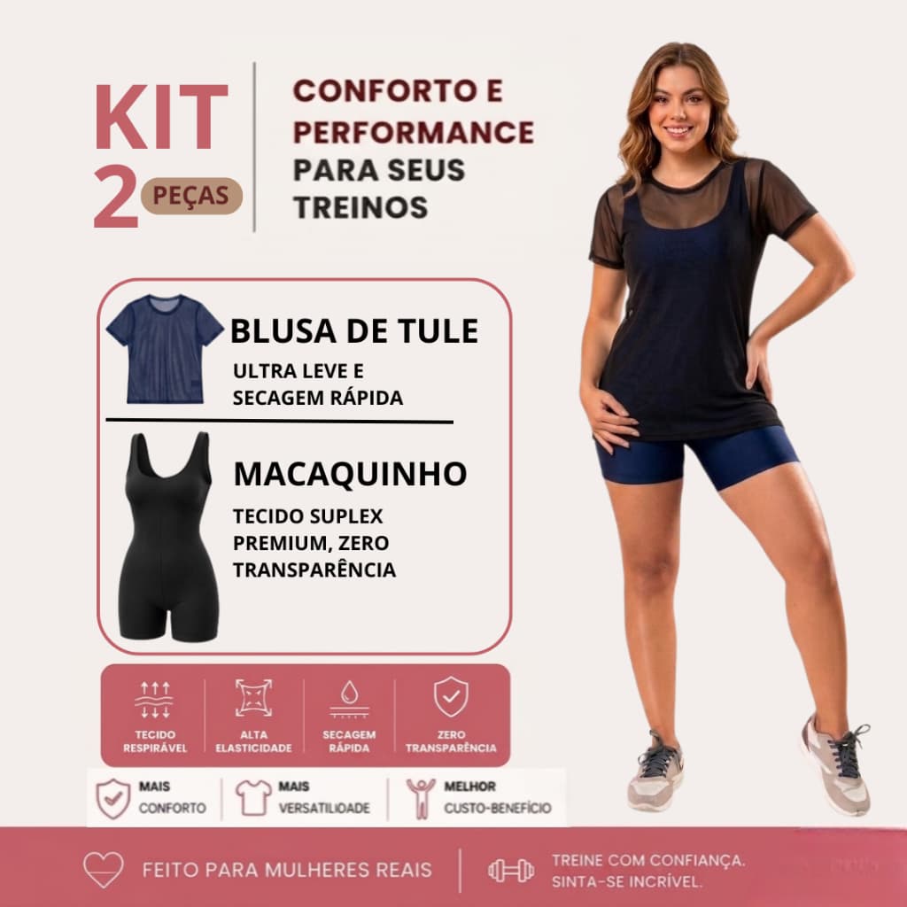Kit Conjunto Fitness Feminino de Academia 2 Peças Blusa de Tule + Macaquinho Conjunto para Treinar